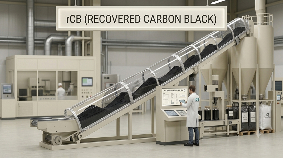 Close detail of a dark granular recovered carbon material